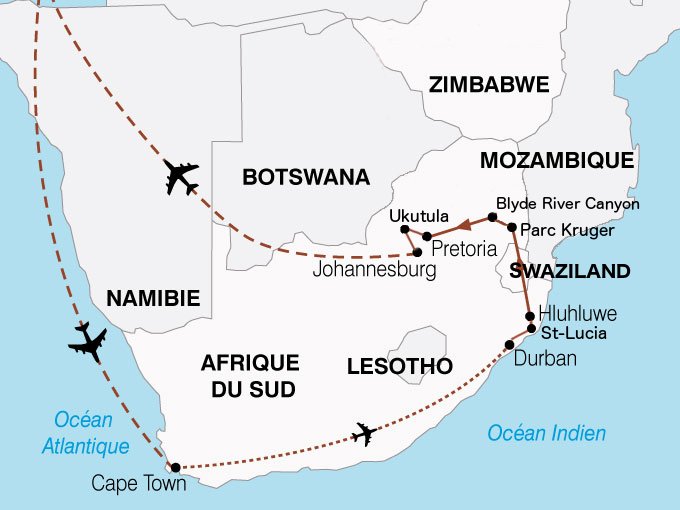 carte itinéraire afrique du sud