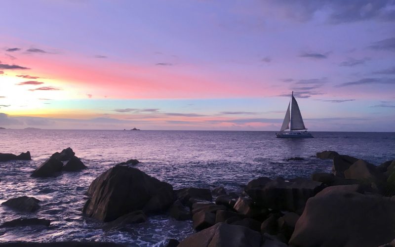 coucher de soleil, la digue, seychelles