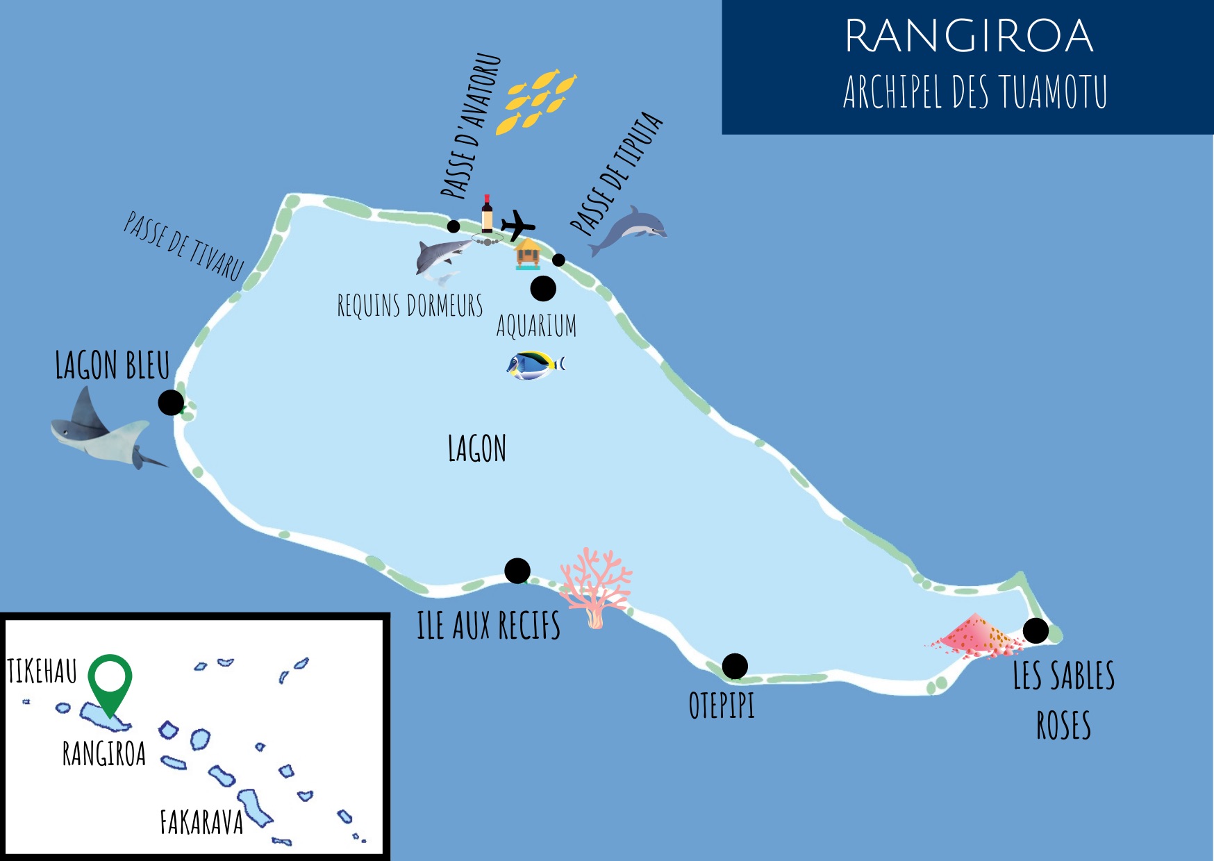Carte de rangiroa, polynesie française, tuamotu