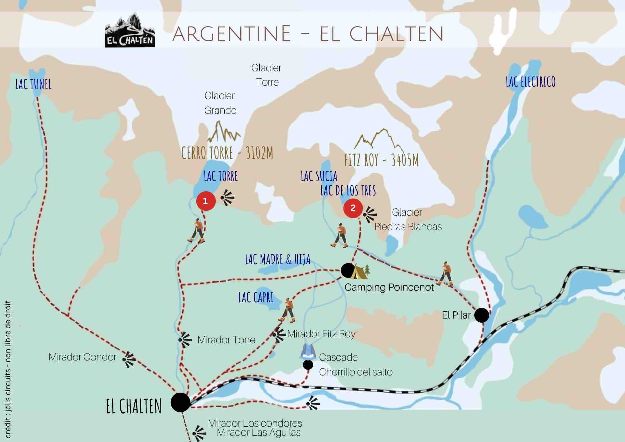 Carte el chalten randonnées, patagonie, argentine