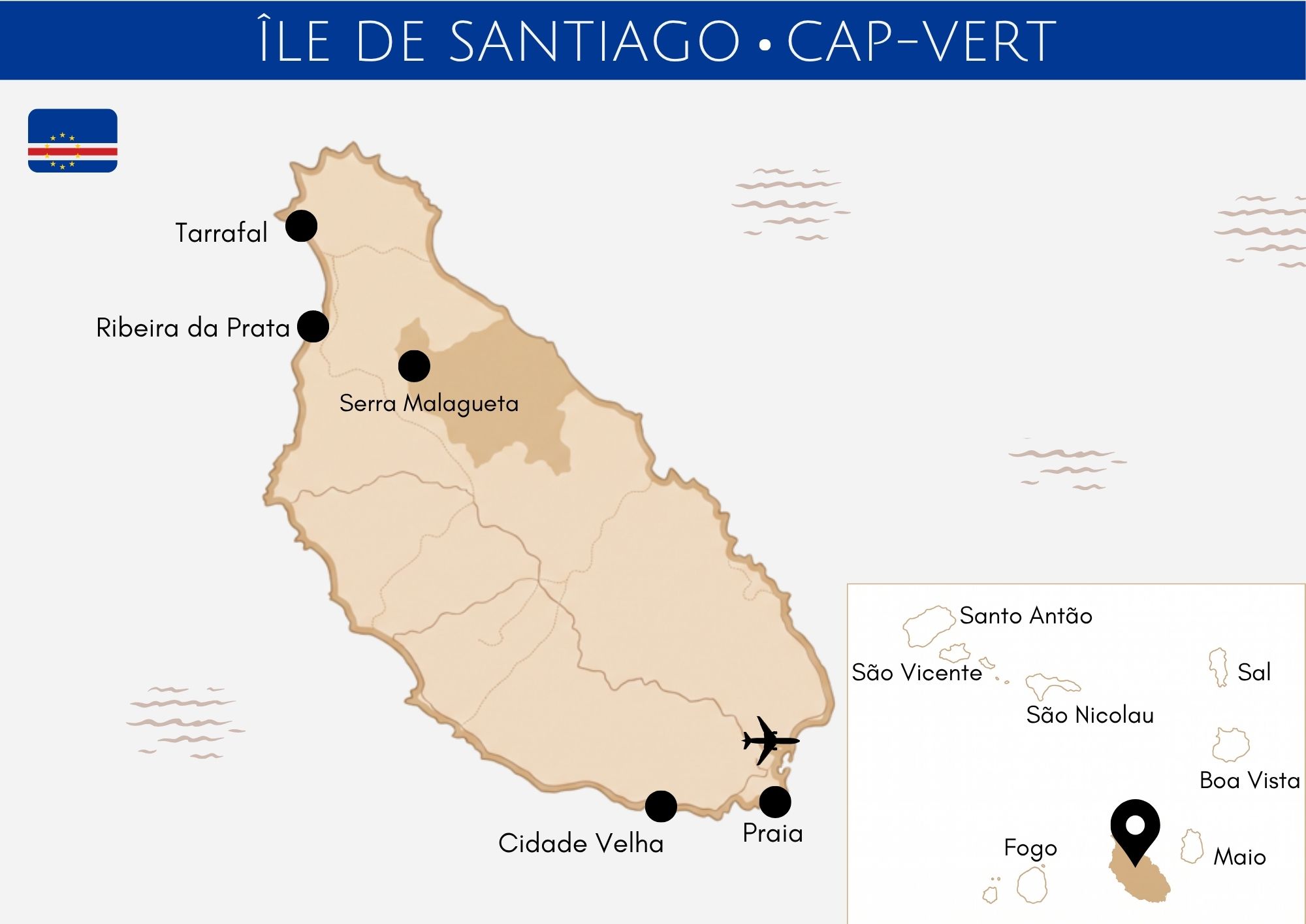carte île de santiago, cap vert, cabo verde